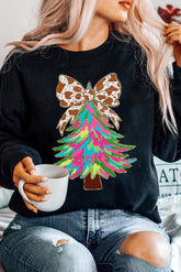 Black Shiny Bowknot Christmas Tree Graphic Heat Transfer Printing Round Neck Sweatshirt