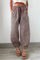 Khaki Leopard Print Elastic Waist Ankle Length Pants