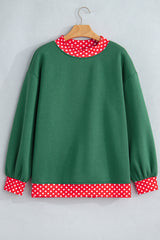 Dark Green Colorblock Polka Dot Contrast Trim Oversized Sweatshirt