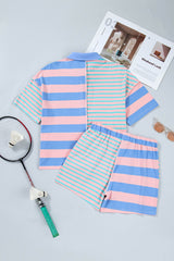 Pink Stripe Exposed Seam Mixed Patchwork Loose Short Set
