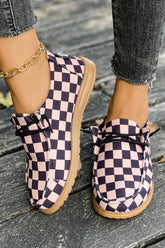 Dark Brown Checkered Print PU Leather Lace Up Detail Flat Shoes
