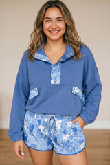 Blue Floral Patchwork V-Neck Long Sleeve Short Bottoms Plus Size Set