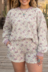 Green Camouflage Print Waffle Textured Pullover and Shorts Plus Size 2pcs Set