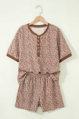Brown Leopard Print Ribbed Patchwork Half Button Loose Tee Elastic Waist Short 2pcs Set
