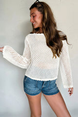 White Scalloped Trim Hollow Out Knit Long Sleeve Top