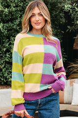 Green Stripe Drop Shoulder Ribbed Edge Casual Sweater