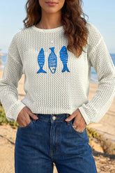 White Open Knit Fish Embroidered Casual Sweater