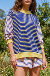 Blue Stripe Contrast Long Sleeve Crew Neck Pullover Top