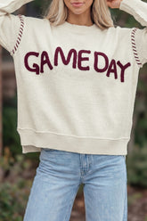 Beige Drop Shoulder Game Day Letter Print Pullover Sweater
