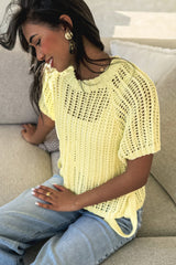 Yellow Cream Side Tie Hollow-out Crochet Knit Top
