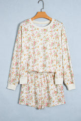 Beige Floral Print Long Sleeve Shift Top Pocketed Shorts 2pcs Set