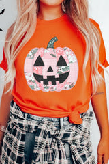 Orange Patchwork Pumpkin Graphic Short Sleeve Round Neck Tee