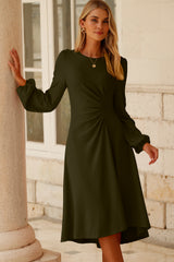 Jungle Green Solid Color Ruched Detail Long Sleeve Midi Dress