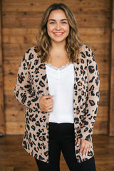 Khaki Leopard Print Long Sleeve V Neck Tunic Plus Size Cardigan