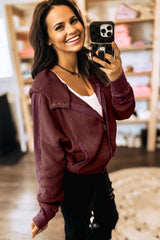 Burgundy Waffle Splicing Zip Up Front Button Hooded Jacket