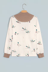 Beige Wild Mallard Print Color Block Patchwork Zip Neck Tunic Top