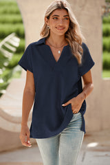 Navy Blue Textured V Neck Collared Slit Hem T Shirt