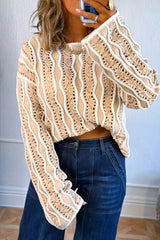 Pink Wavy Detail Hollow Out Knit Long Sleeve Cotton Pullover Sweater