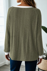 Moss Green Rib Texture Contrast Trim Round Neck Long Sleeve Top