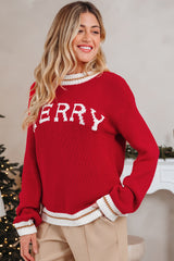 Fiery Red MERRY Color Block Edge Drop Shoulder Cozy Sweater