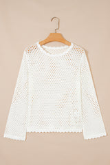 White Scalloped Trim Hollow Out Knit Long Sleeve Top