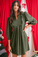 Moss Green Split Neck Scallop Detail Pleated Corduroy Mini Dress