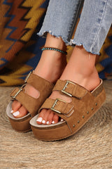 Chestnut Suede Buckle Decor Footbed Sandal Slippers