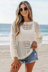 White Hollow Out Knit Bracelet Sleeve Drop Shoulder Sweater