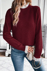 Burgundy Contrast Lace Frill Trim Raglan Sleeve Sweater