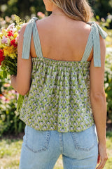 Green Floral Printed Knot Straps Babydoll Tank Top
