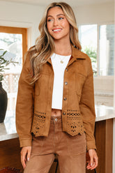 Thai Curry Solid Color Faux Suede Hollowed Detail Retro Style Jacket