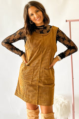 Beige Corduroy Exposed Seam Sleeveless Mini Dress