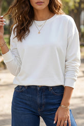 White Solid Color Dropped Shoulder Long Sleeve Top
