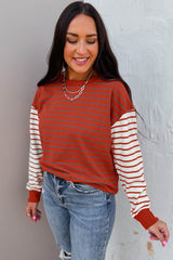 Orange Stripe Contrast Sleeve Patchwork Drop Shoulder Long Sleeve Sweatshirt