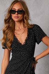 Black Polka Dot Print Lace Trim Wrap Mini Dress