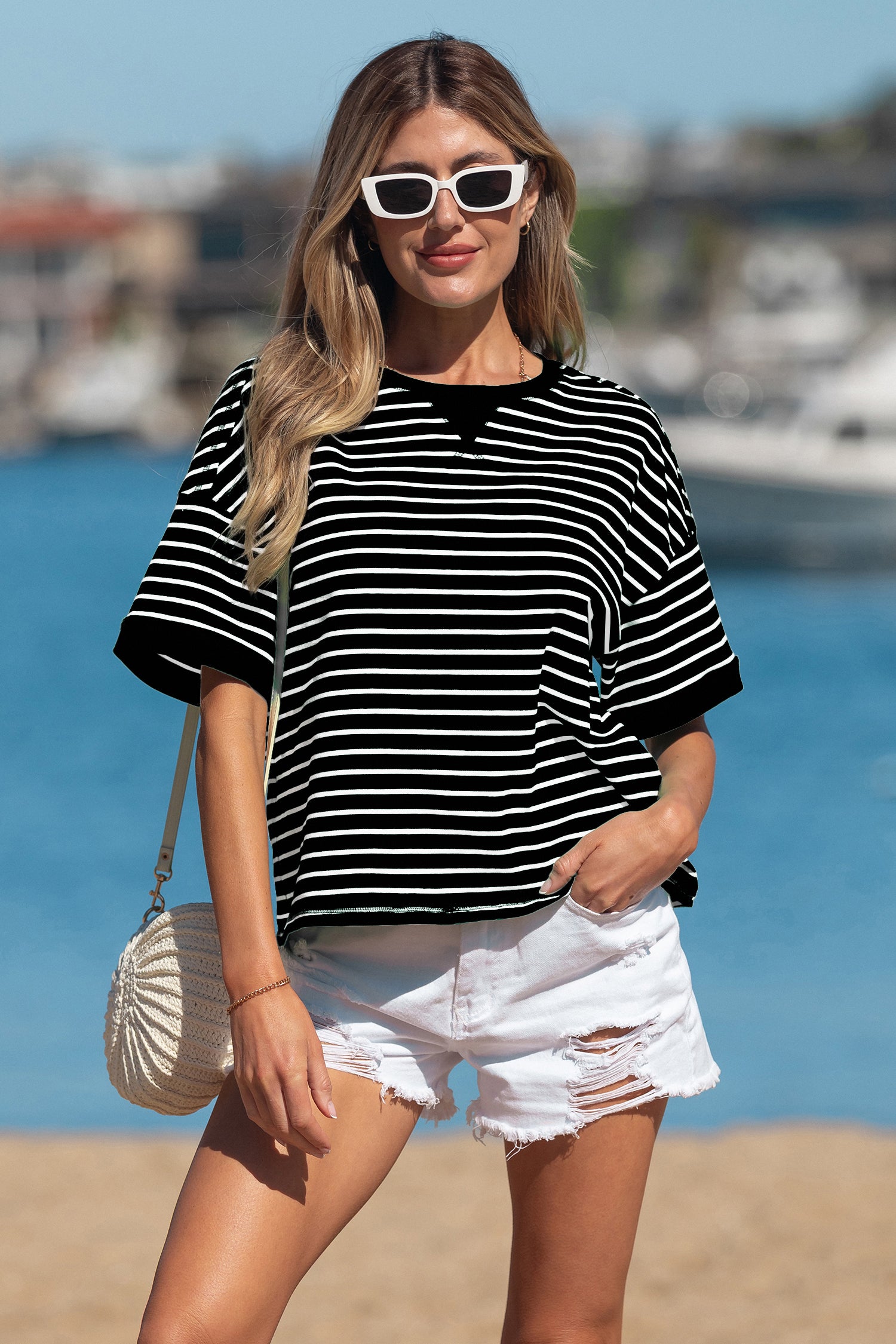 Green Stripe Ribbed Patchwork Seam Detail Half Sleeve Tee