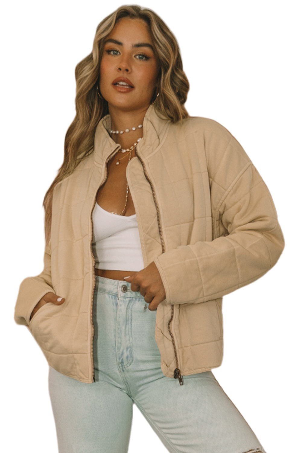 Black Zip-Up Pocket Quilted Cropped Jacket