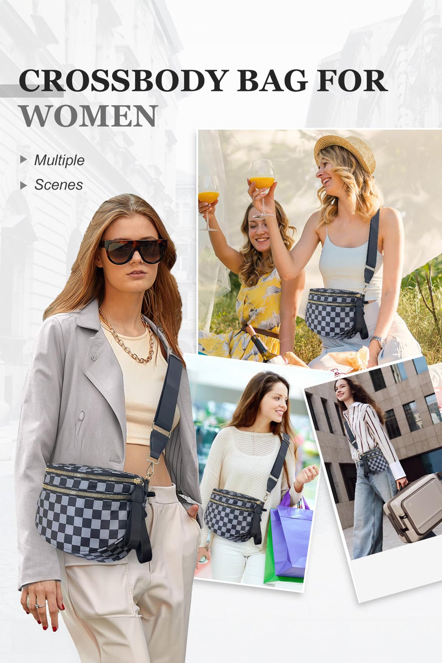 Dark Grey Checkered Print Wide Strap Large Crossbody Bag