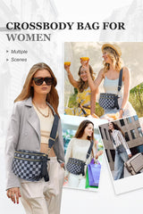 Dark Grey Checkered Print Wide Strap Large Crossbody Bag