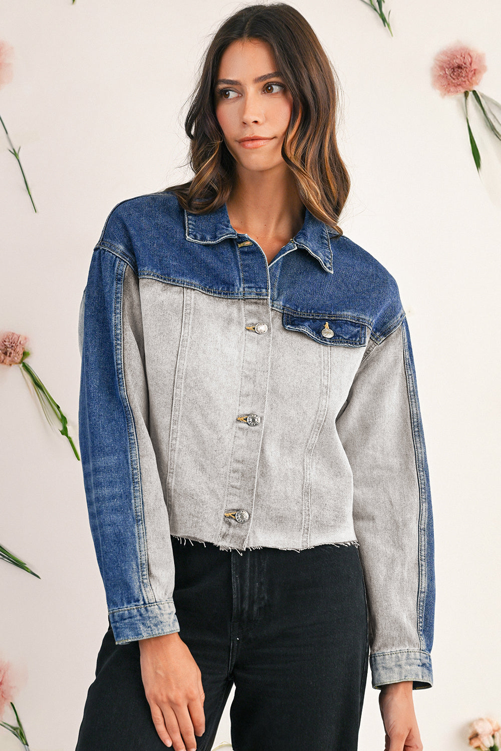 Dusk Blue Patchwork Flap Detail Distress Denim Jacket
