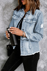 Light Blue Distressed Ripped Raw Hem Buttons Denim Jacket