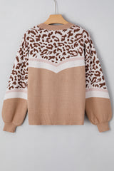 Straw Yellow Leopard Color Block Knit Round Neck Baggy Sweater