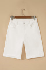 White Solid Color Rolled Cuffs Denim Bermuda Shorts
