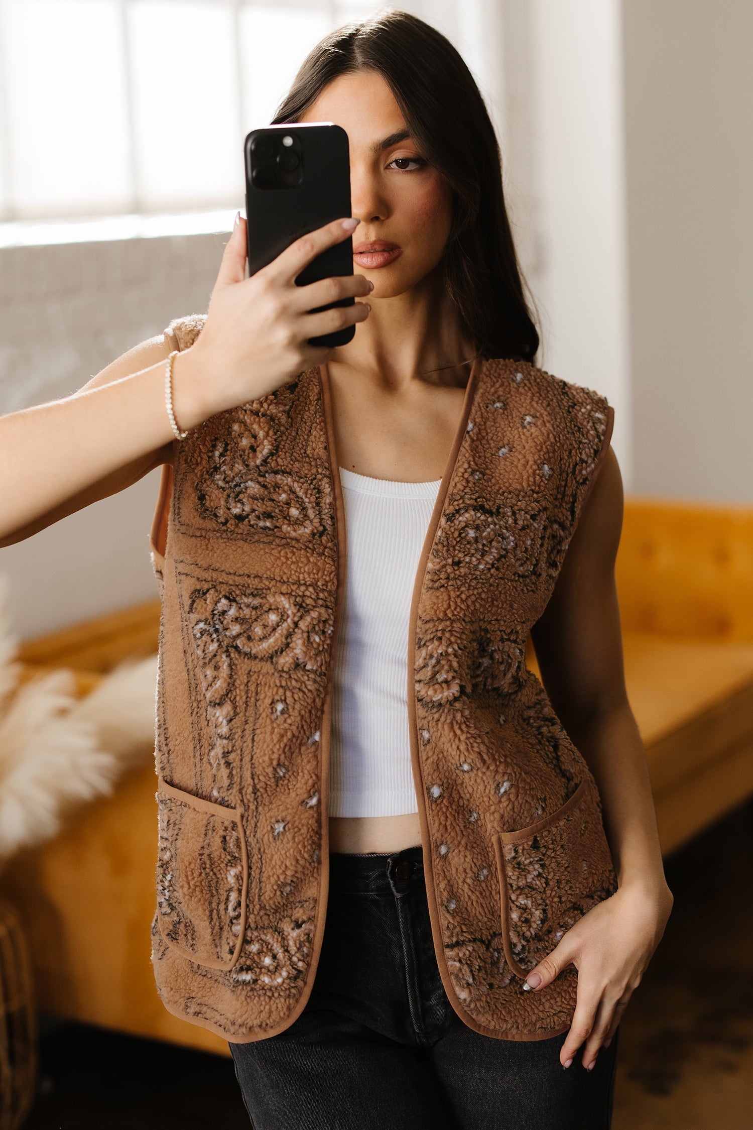 Beige Sherpa Paisley Print Pocketed Western Fashion Vest Jacket