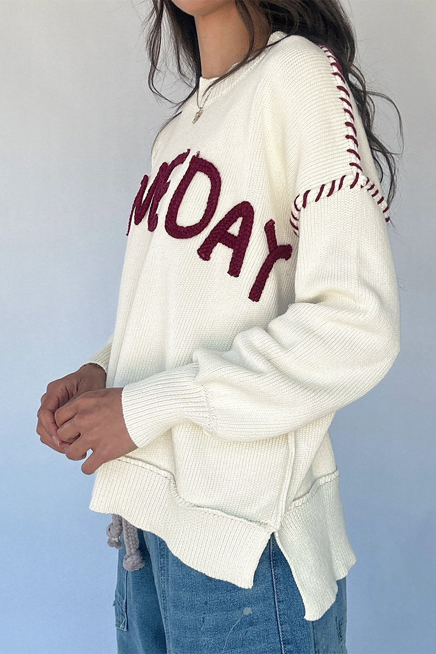Beige Drop Shoulder Game Day Letter Print Pullover Sweater