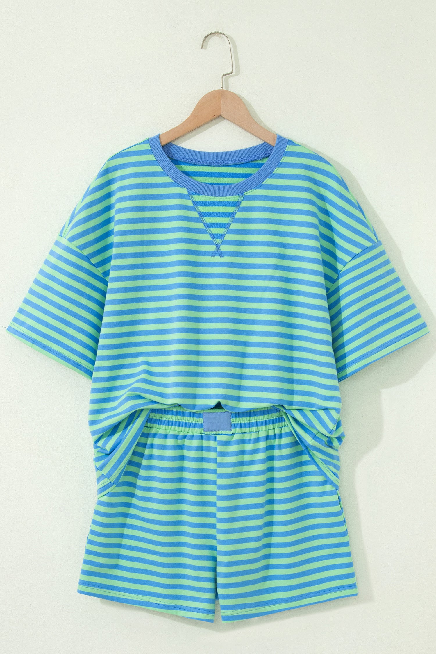 Navy Stripe Striped Ribbed Cotton Two-Piece Short Set with Chest Patch Detail