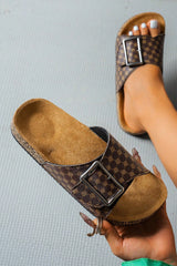 Coffee Retro Geometric Print Buckle Strap Flat Slippers