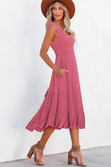 Rose Shirred Pleated Square Neck Sleeveless Midi Dress