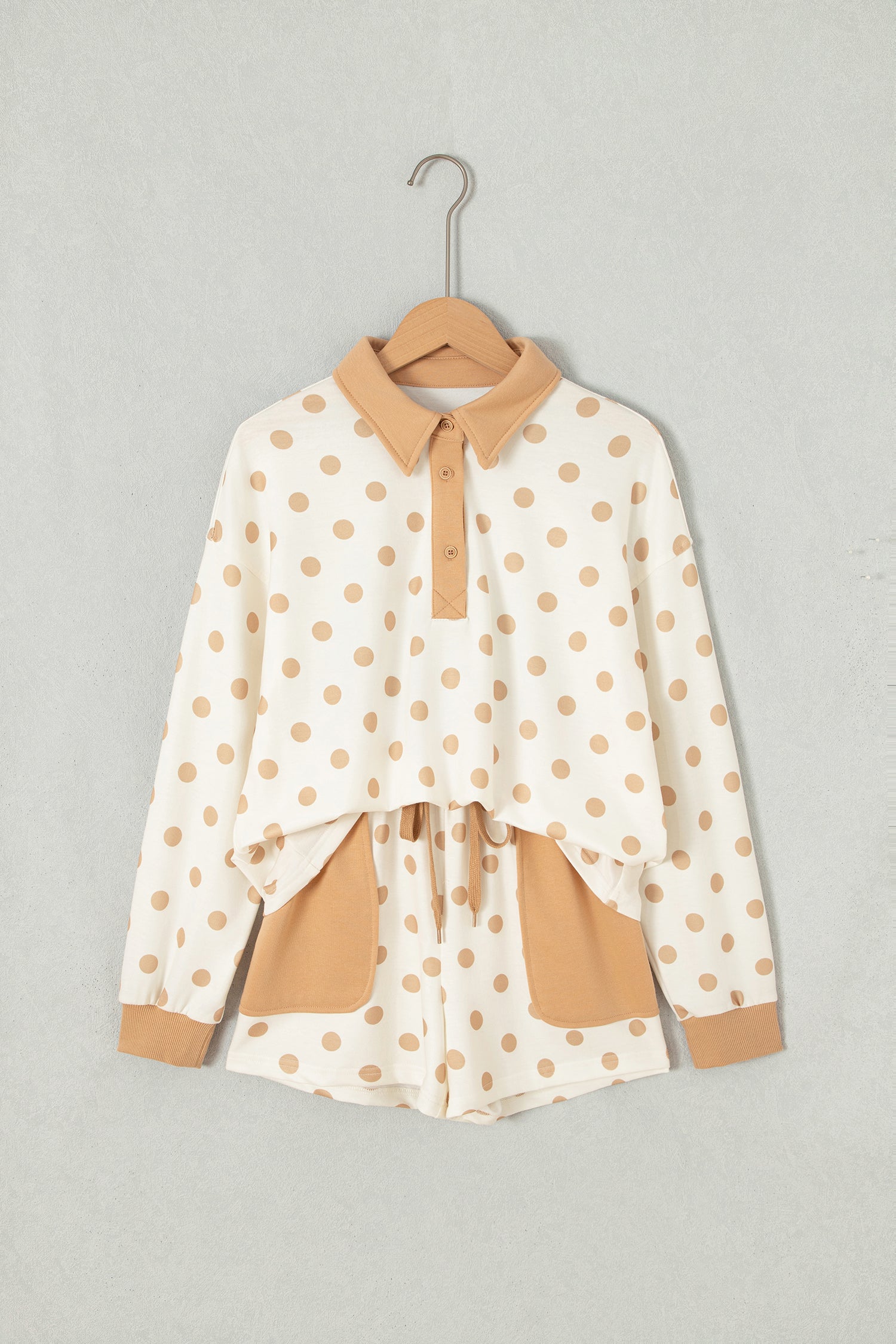 Pink Polka Dot Drop Shoulder Polo Loose Pullover Patch Pocket Casual Shorts Set