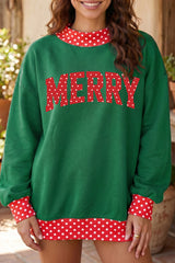 Dark Green Merry Christmas Slogan Polka Dot Contrast Trim Tunic Sweatshirt
